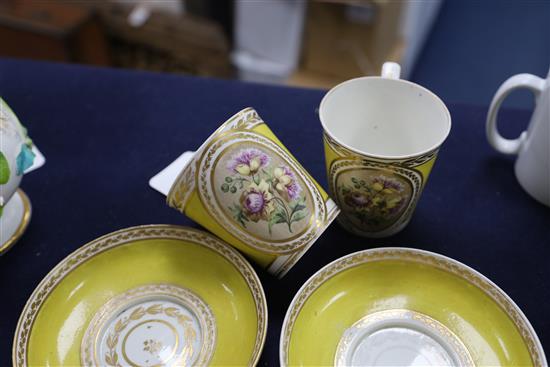 A pair of Derby Pinxton/Mansfield porcelain chocolate cups and saucers, c.1790-1800, cup 8.7cm high, saucer 14.2cm diameter
